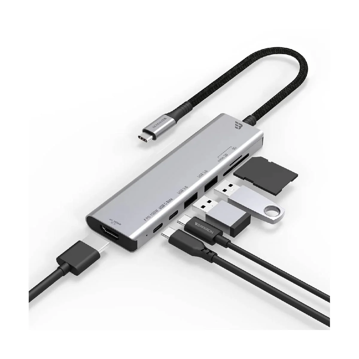 Baykron Premium Explorer Multi-Hub USB-C PD100W, USB 3.0, 4K HDMI SD & MicroSD 7in1 - Gray - Image 4