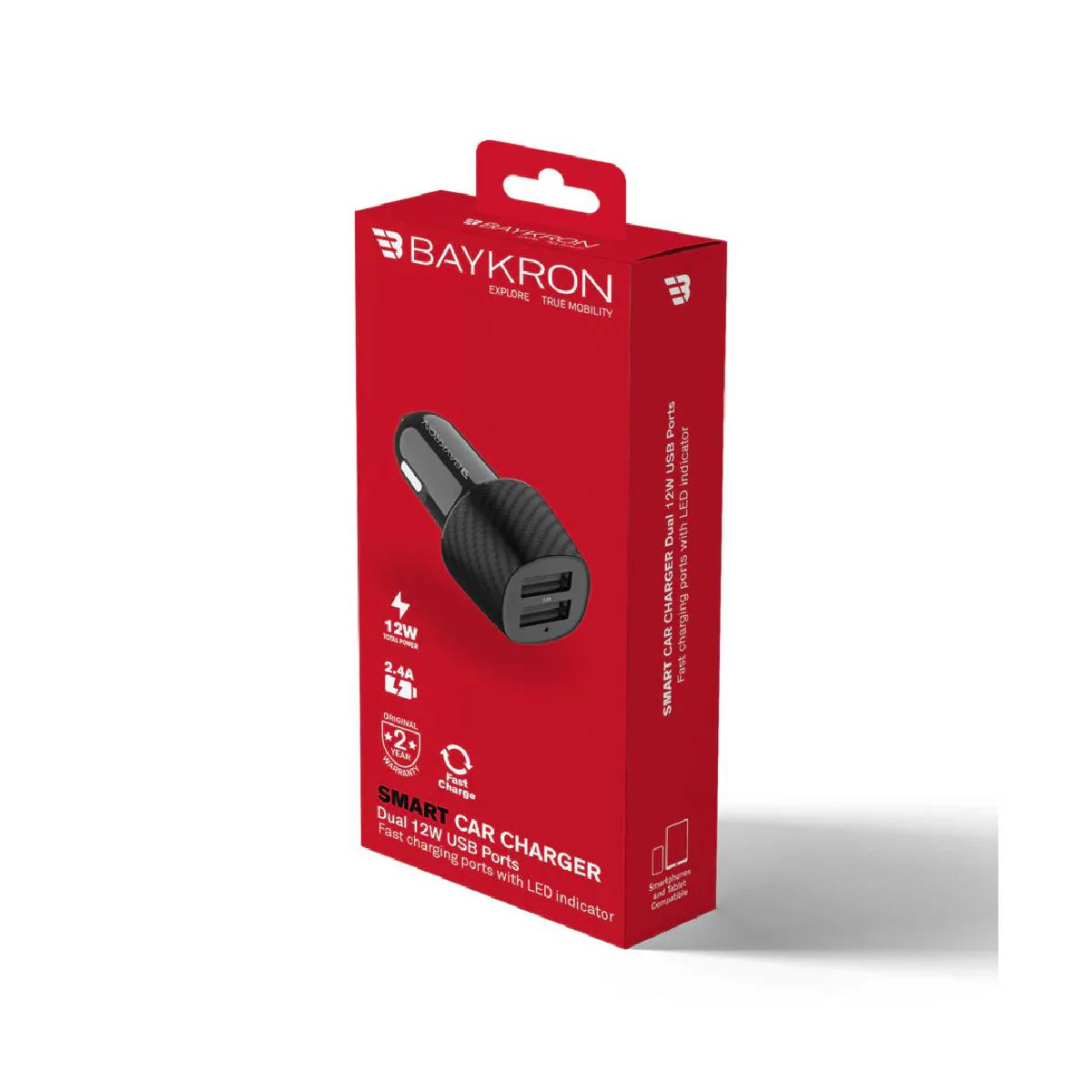 BayKron Smart Car Charger Dual USB Ports 12W - Fast Charging Ports With LED Indicator - Black - Image 5