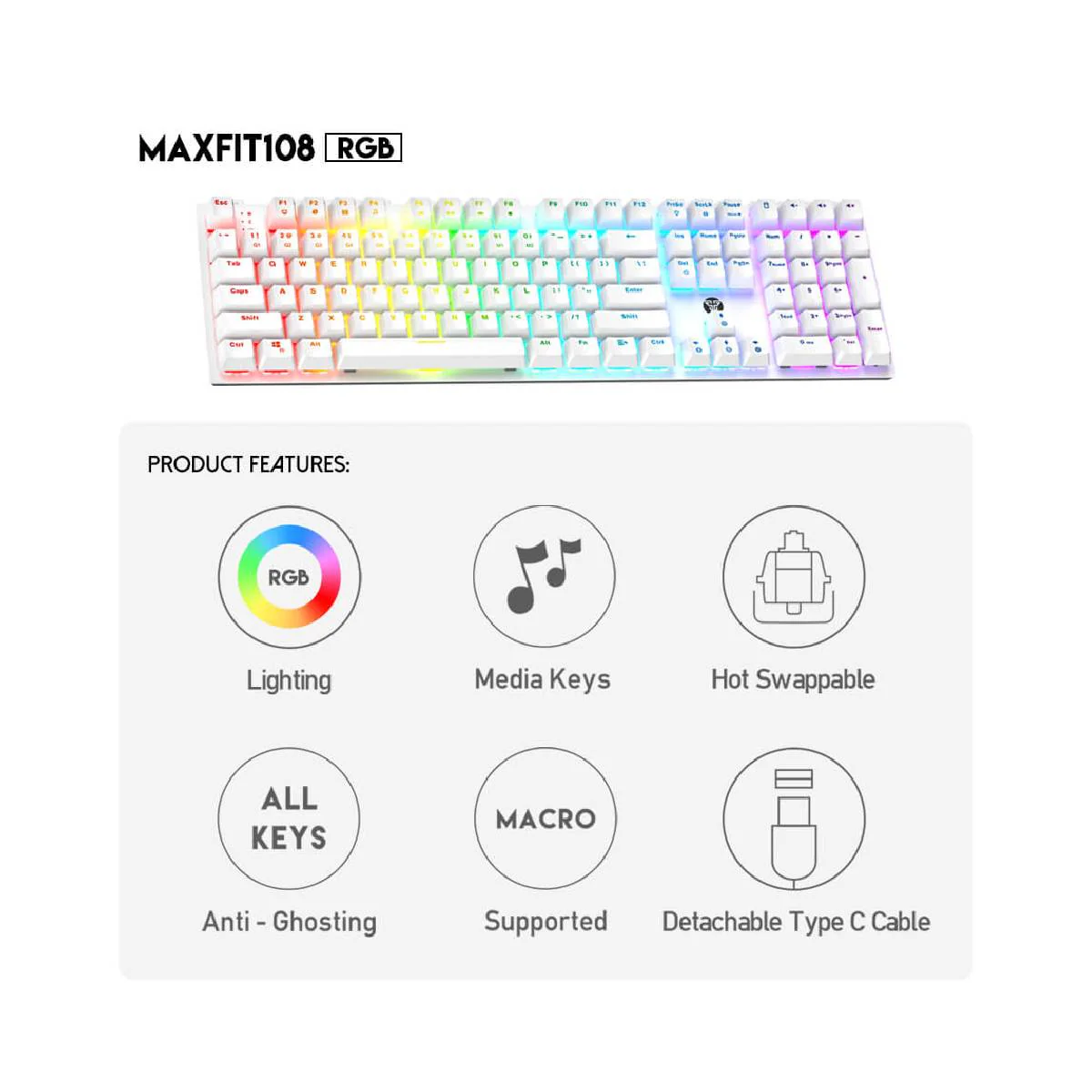 Fantech MaxFit108 RGB Productivity Mechanical Keyboard - White - Image 4