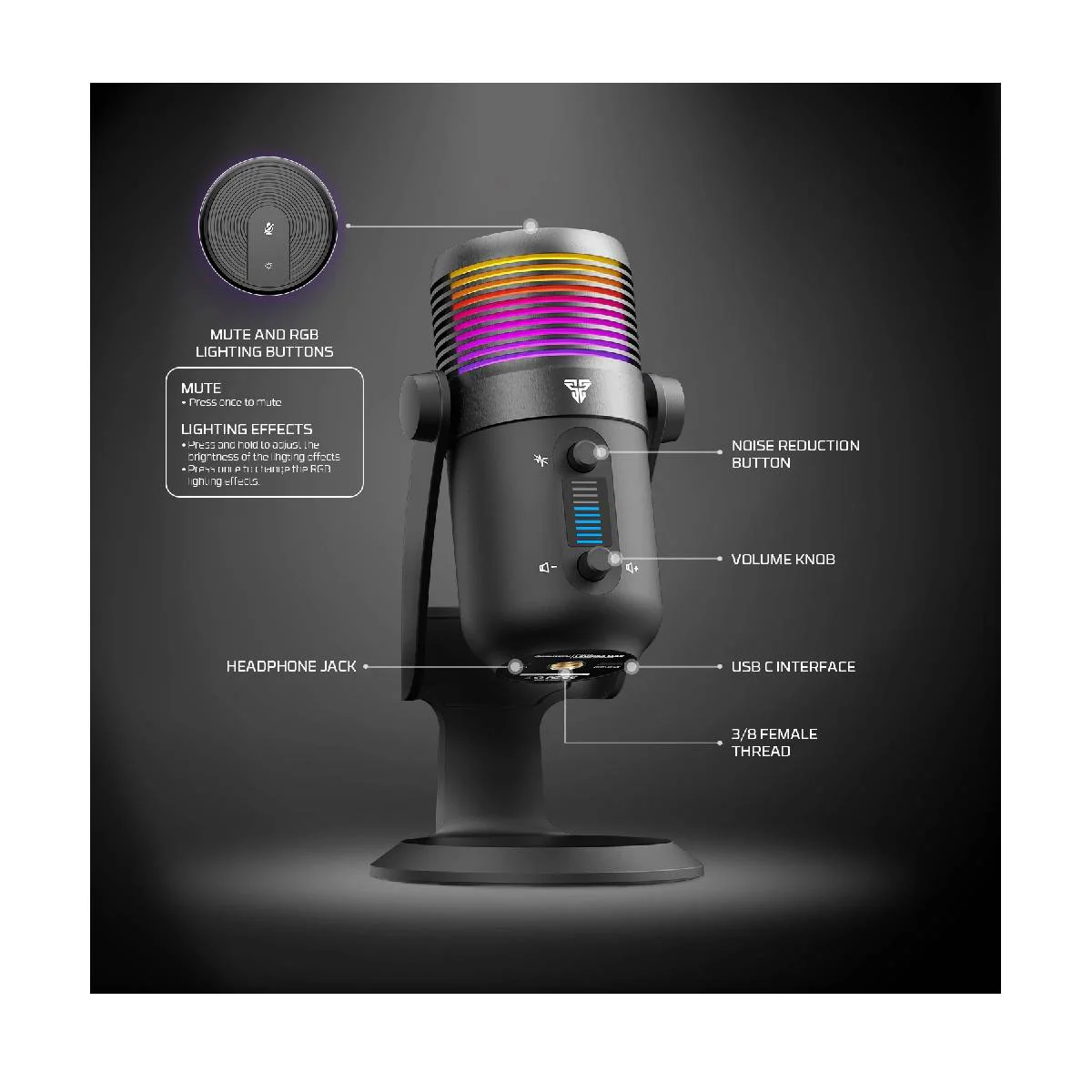 Fantech MCX03 Leviosa Max Condenser MicrophoneUSB-C Desktop - BLACK - Image 2