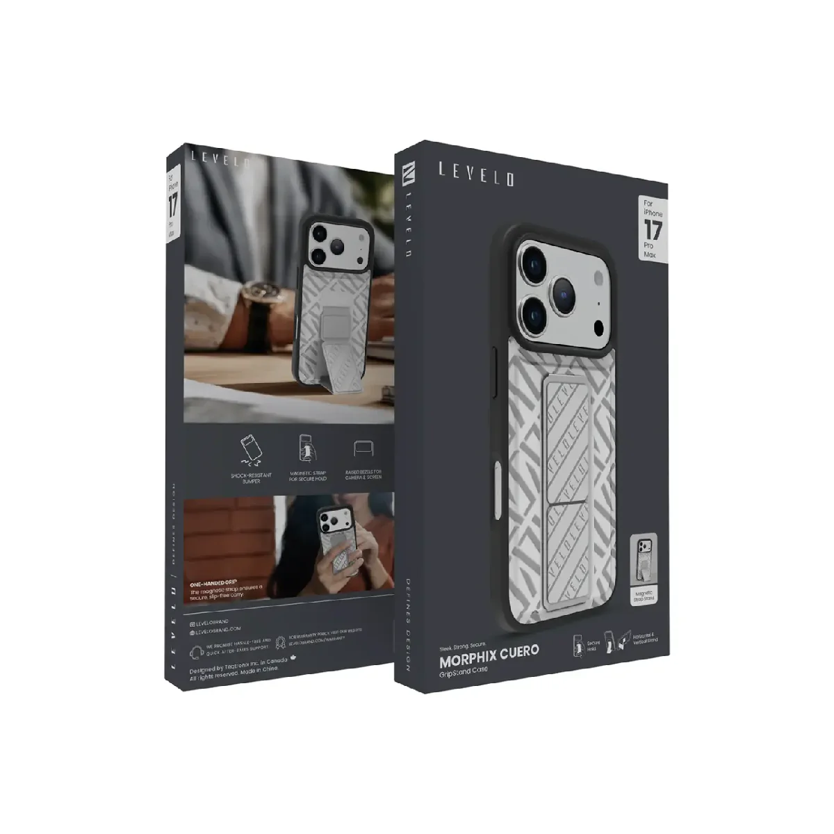 Levelo Case For iPhone 17 Pro, Magnetic Strap Stand - Black/Silver - Image 3