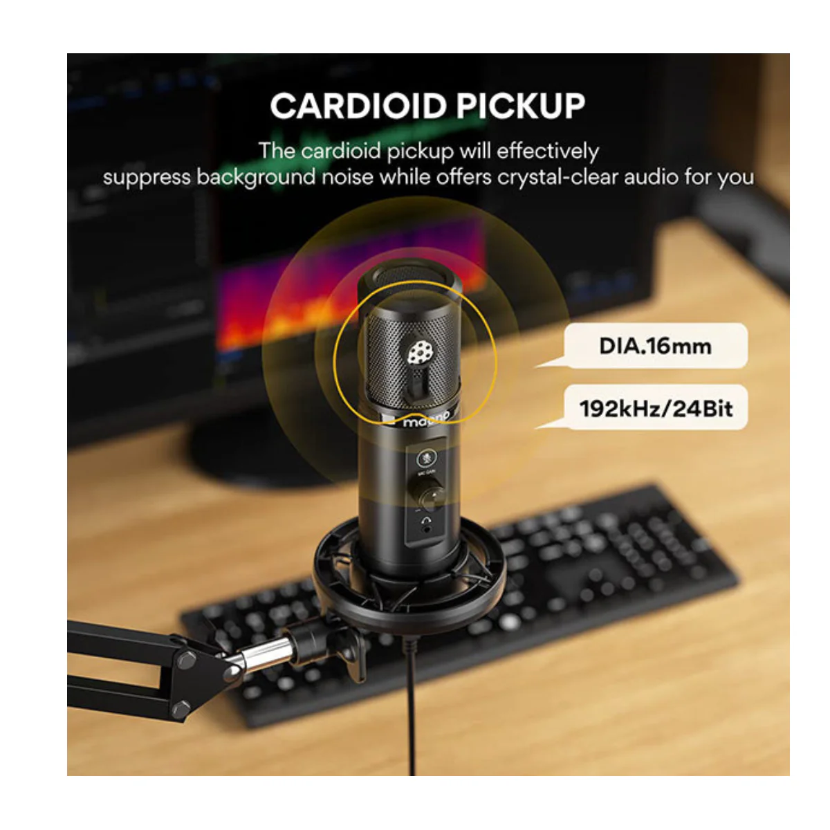 Maono AU-PM422, Monitorable USB Condenser Microphone Set BooM ARM Bundle - Black - Image 5