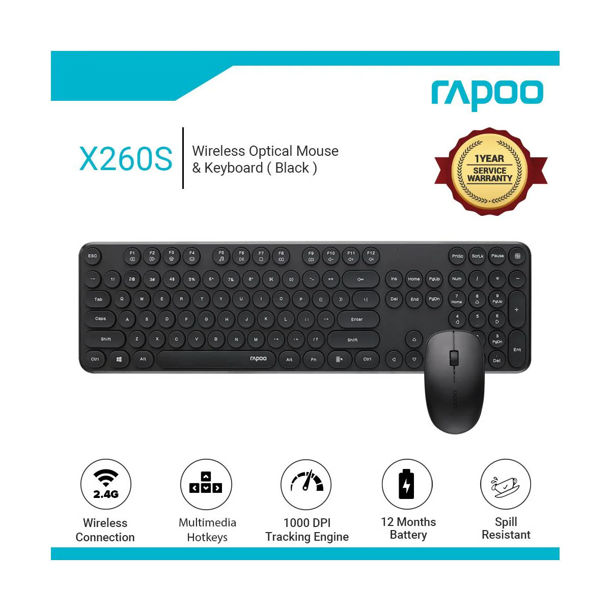 Rapoo X260S Wireless Optical Mouse, Keyboard Combo - Black - Image 3