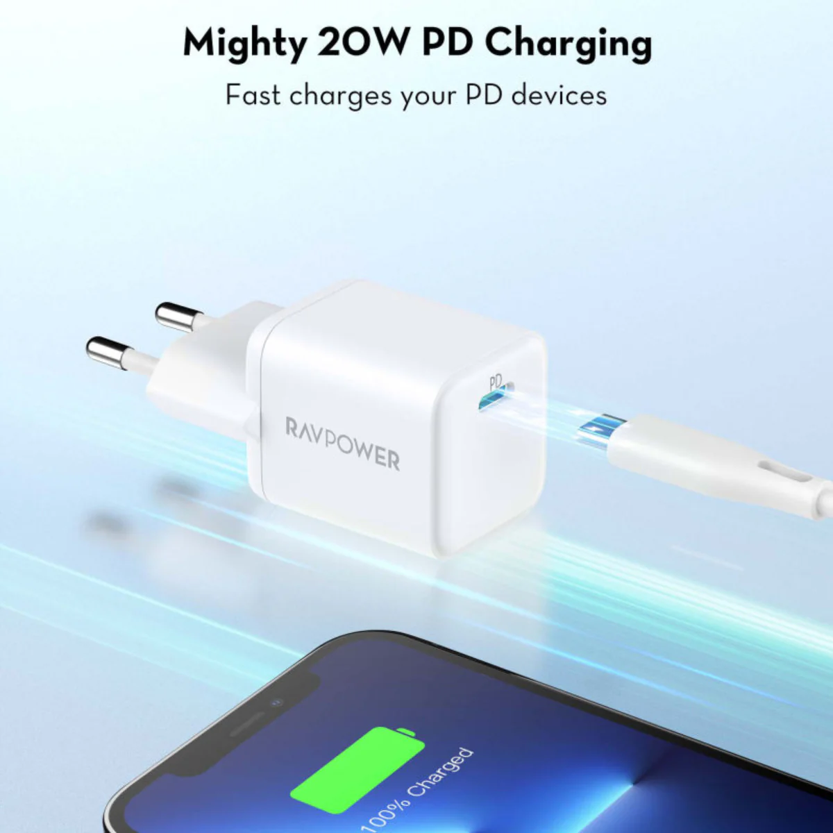 RAVPower 20W USB-C PD Fast Charger – Compact Wall Adapter for iPhone & Android – White - Image 3