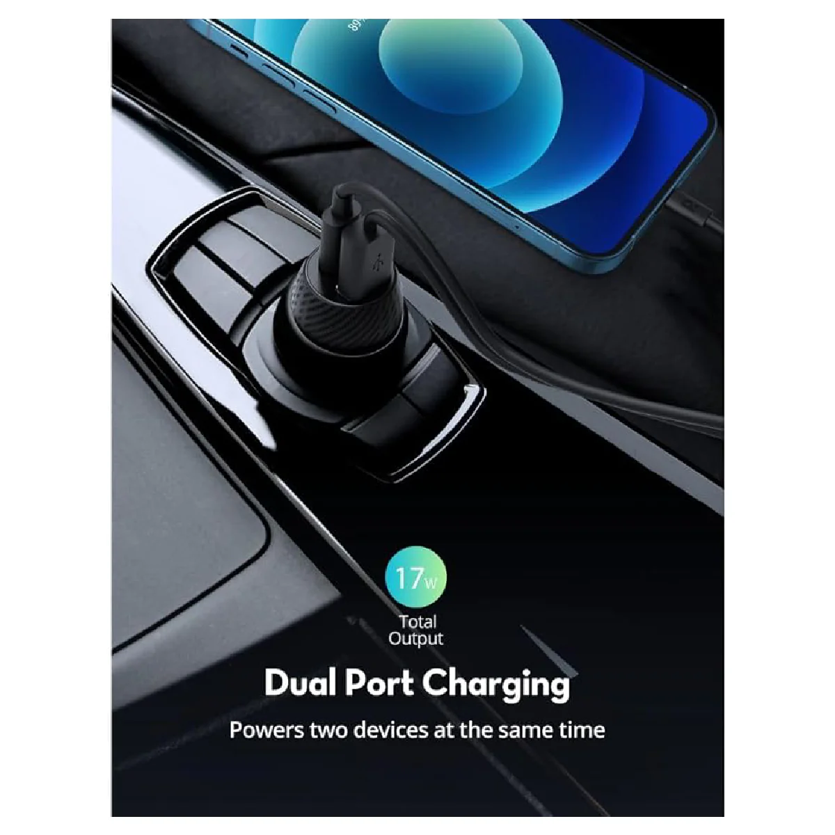 RavPower Charger Car 20W, 2 ports 1A 1C - Black - Image 4