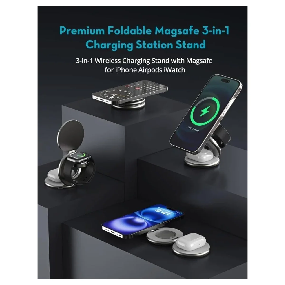RAVPower Premium Foldable Magnetic 3in1 Charging Station - Black - Image 5