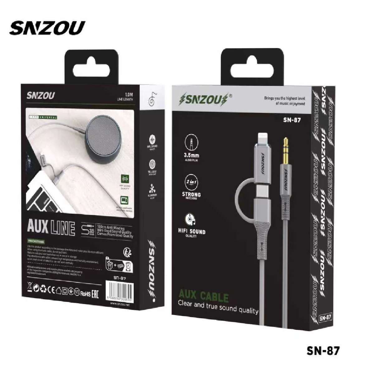 Snzou SN-87 3in1 AUX Cable Audio 1m, Clear and True Sound Quality - Gray - Image 2