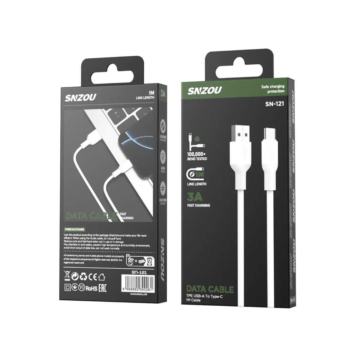 Snzou SN-121 ProSync 3A USB-A to Type-C 1m Cable - White - Image 3