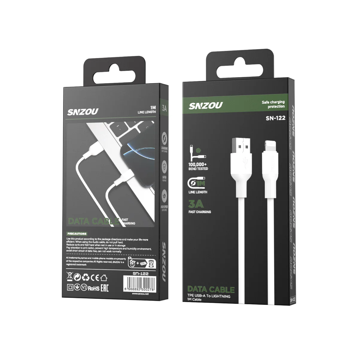 Snzou SN-122 QuickCharge 3A USB-A to Lightning 1m Cable - White - Image 3