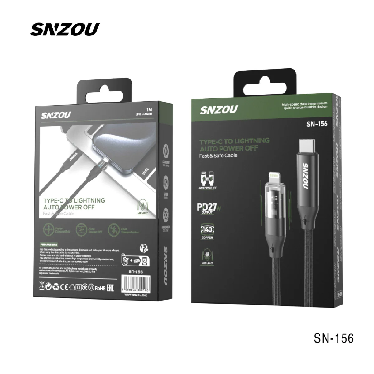 Snzou SN-156 Type-C to Lightning 27W Auto Power Off Fast & Safe Cable - Black - Image 2
