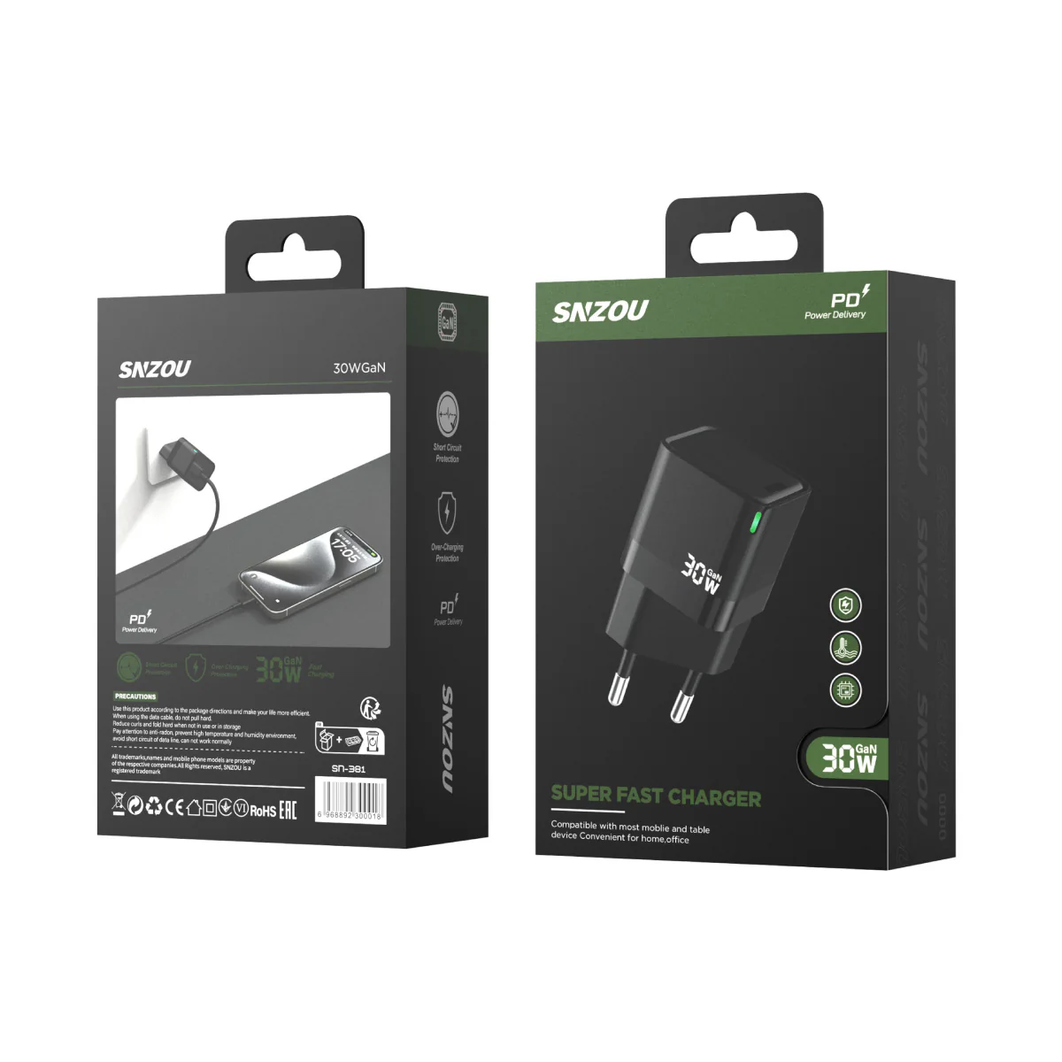 Snzou SN-381 SuperFast 30W PD GaN Charger - Black