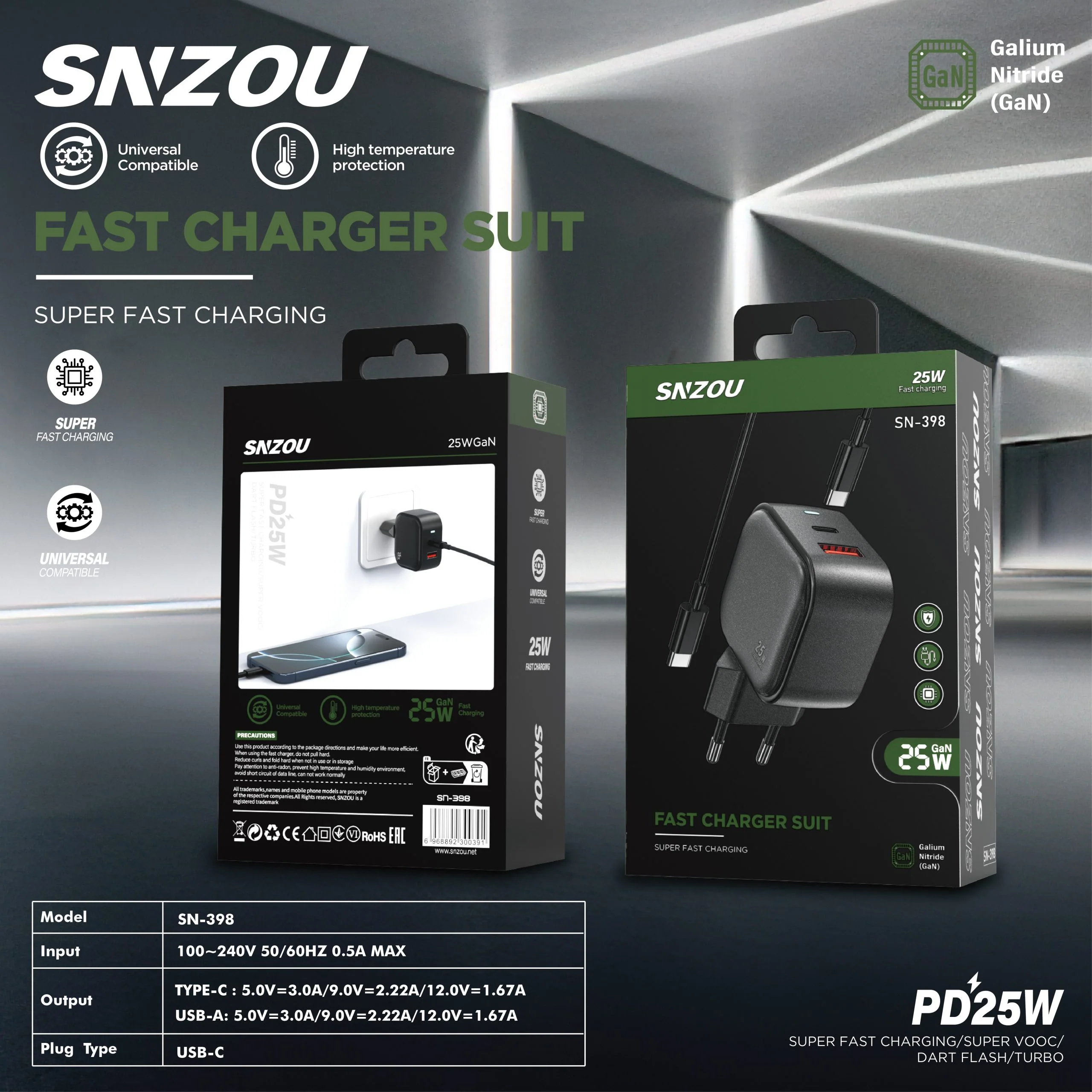 Snzou SN-398 SwiftCharge 25W Dual Port USB-C & USB-A Charger With Cable - Black - Image 3