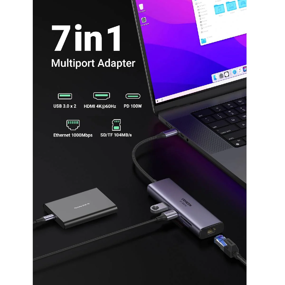 Ugreen CM512 7-in-1 USB-C Multifunction Adapter Hub -Grey - Image 3