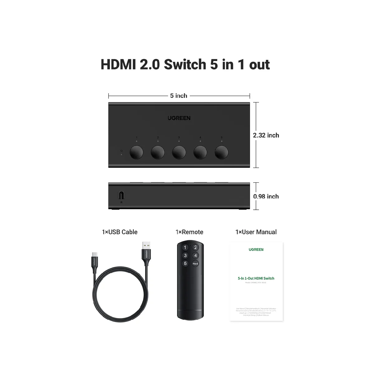 Ugreen HDMI Switch 5 in 1 Out - Black - Image 3