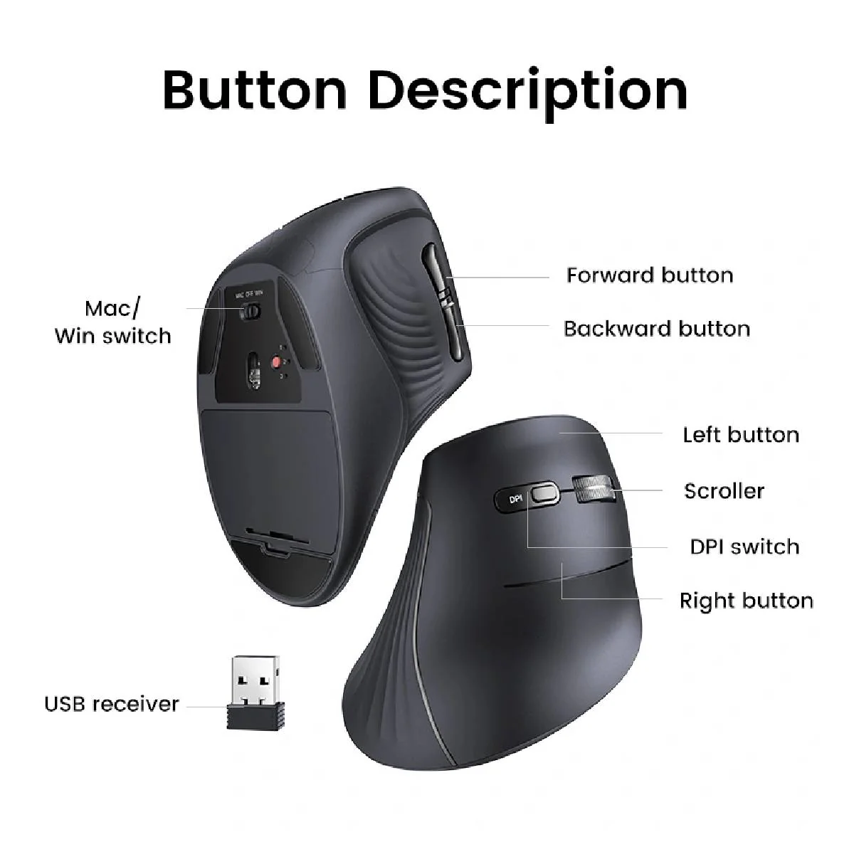 Ugreen MU008 Multi-Mode Bluetooth + Wireless Vertical Mouse -Black - Image 3